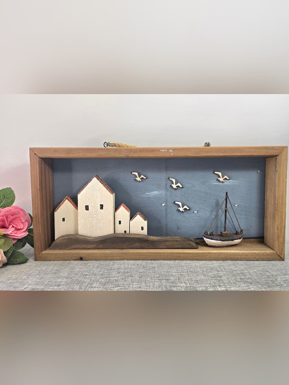 Large 15" Wooden Coastal Village Shadow Box Wall Art Handmade Nautical Diorama